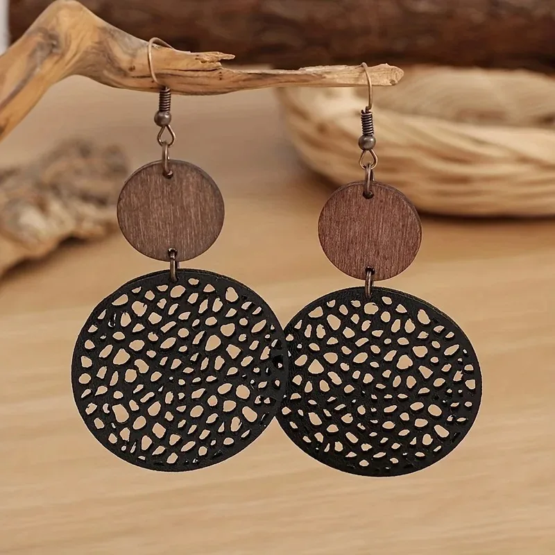 Hollow Out Round Drop Earrings Bohemian Vintage Wooden Leather Earrings Jewelry Gift Accessories for TeenGirls Women Fall Winter