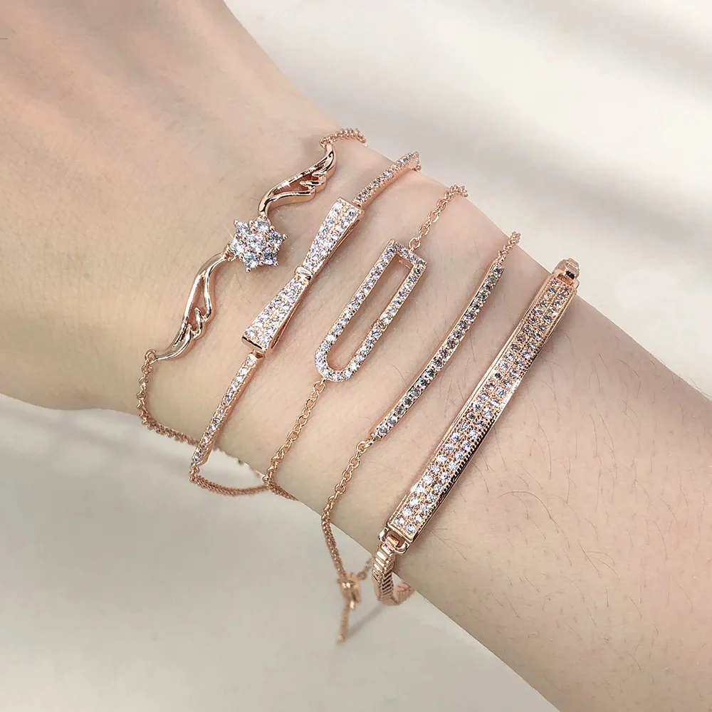 Minimalist Bling Bracelets For Women Korean Fashion Micro-set CZ Wings Bow Rose Gold Color Crystal Chain On Hand Bangle Jewelry