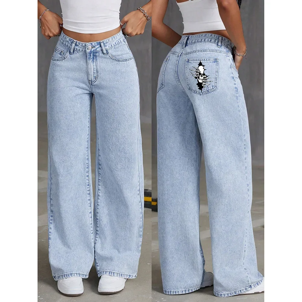 

Denim Wide Leg Pants Women Jeans Straight Trousers Skulls Pockets Distressed Washed High Waist Streetwear Floor Length