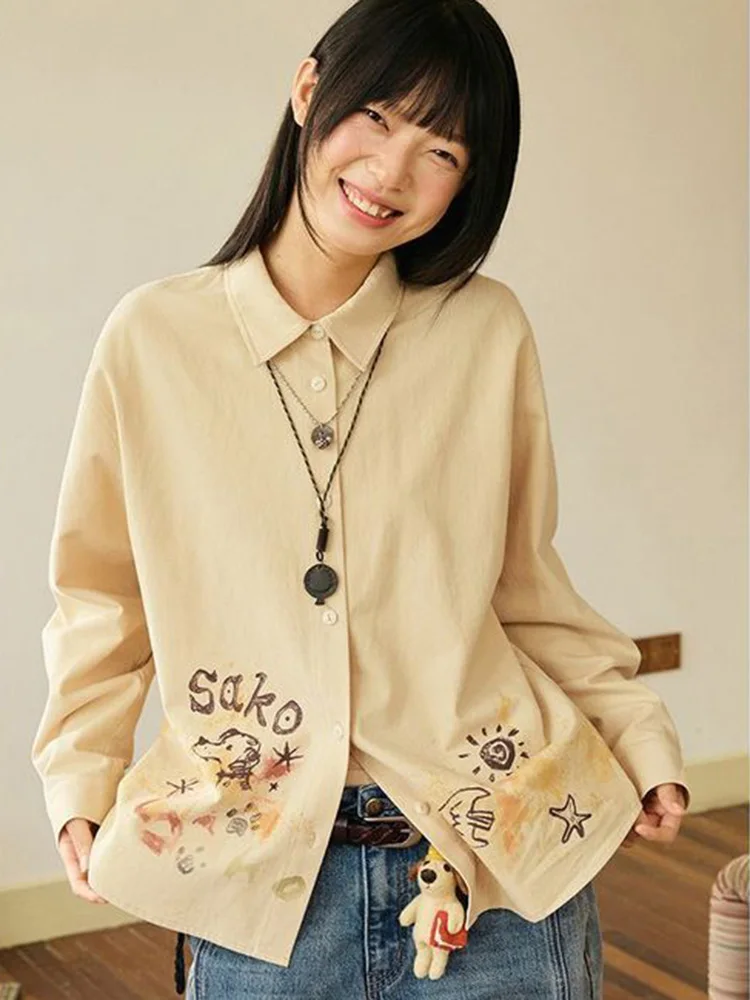 

Милые женские рубашки с мультяшным принтом, весенние свободные блузки в стиле преппи с длинным рукавом, кавайные японские топы в стиле Харадзюку с надписями, повседневные женские топы в стиле бойфренд на весну