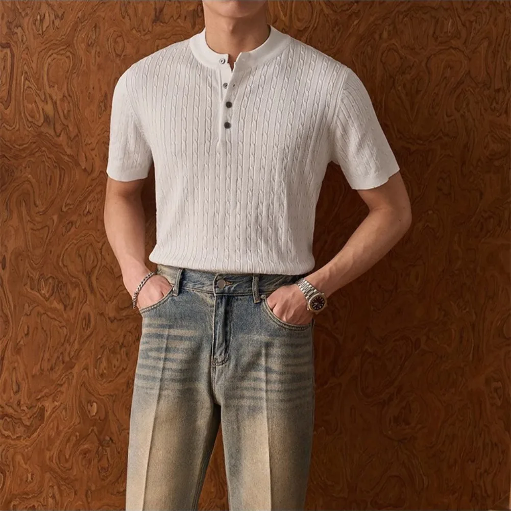 

Summer T-Shirt Breathable And Fashionable Round Neck Button Knit Short Sleeved Men's Polo Shirt Business Sports Casual Top