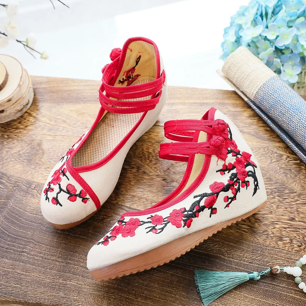 Veowalk Chinese Style Women Canvas Hidden Platform Shoes Plum Flower Embroidered Vintage Ladies Casual Ankle Strap Shoes