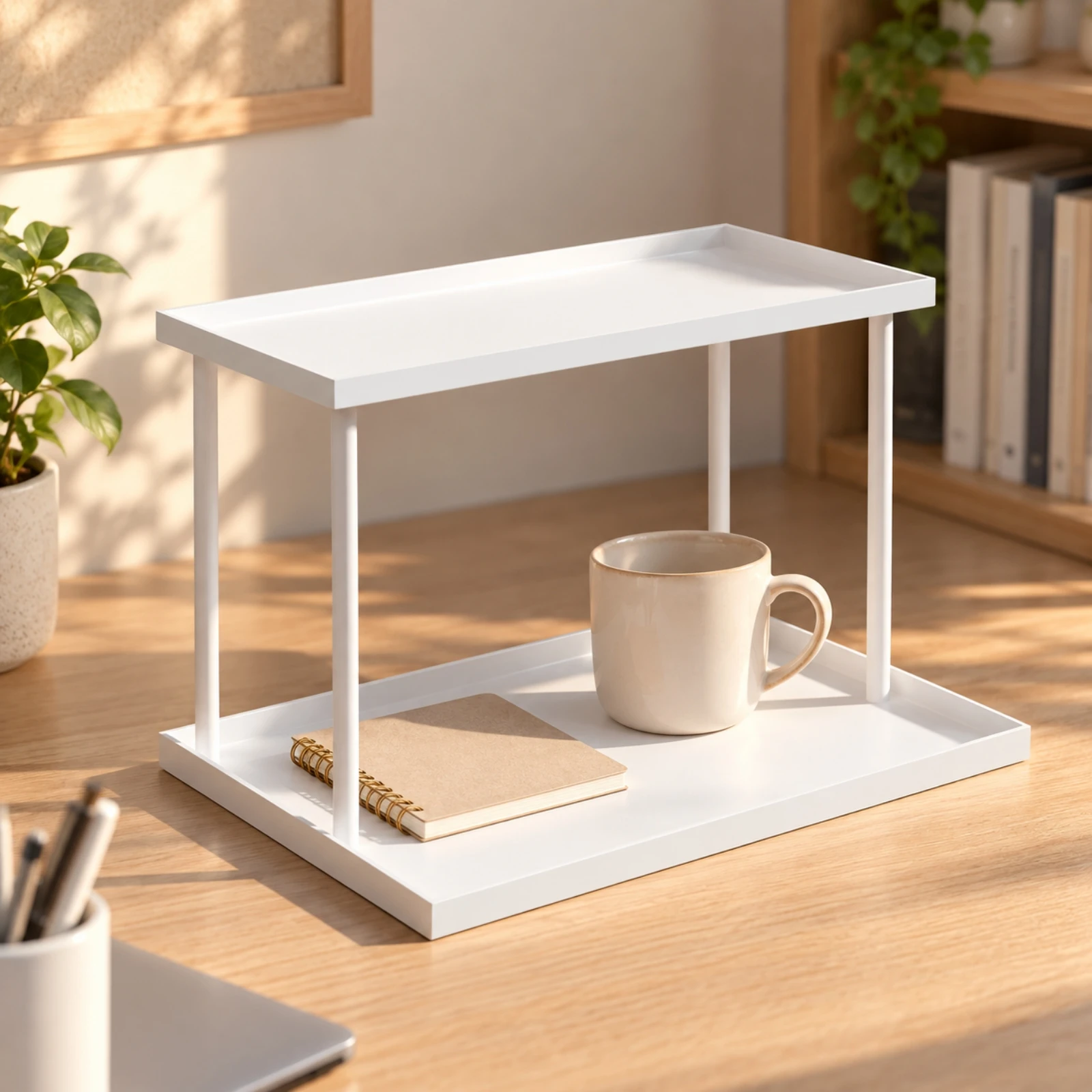 Two-Tier Cup Storage Rack Open Design Desktop Mug Rack with Two Shelves Drinkware Storage Stand with Raised Edges Sturdy
