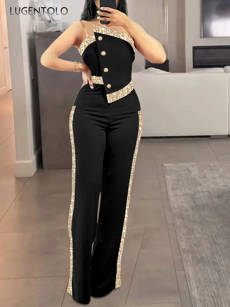 Women Contrast Sequin Jumpsuit Sexy Strapless Jumpsuits Lady Elegant Party 2025 Button Decor Casual Wide Leg Rompers