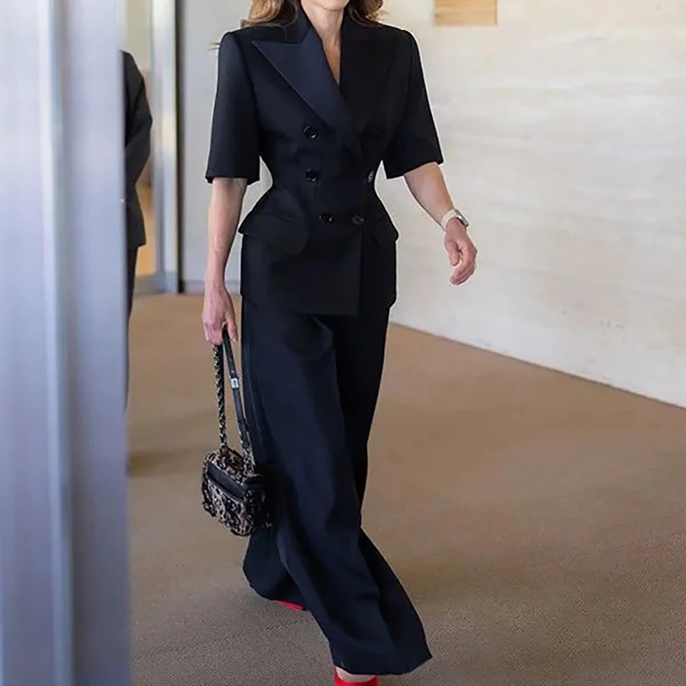 الدعاوى النسائية الكلاسيكية 2 قطعة سترة وسراويل مجموعات نصف الأكمام وصمة عار واسعة بلغت ذروتها التلبيب مزدوجة الصدر السترة ملابس مكتب رسمية