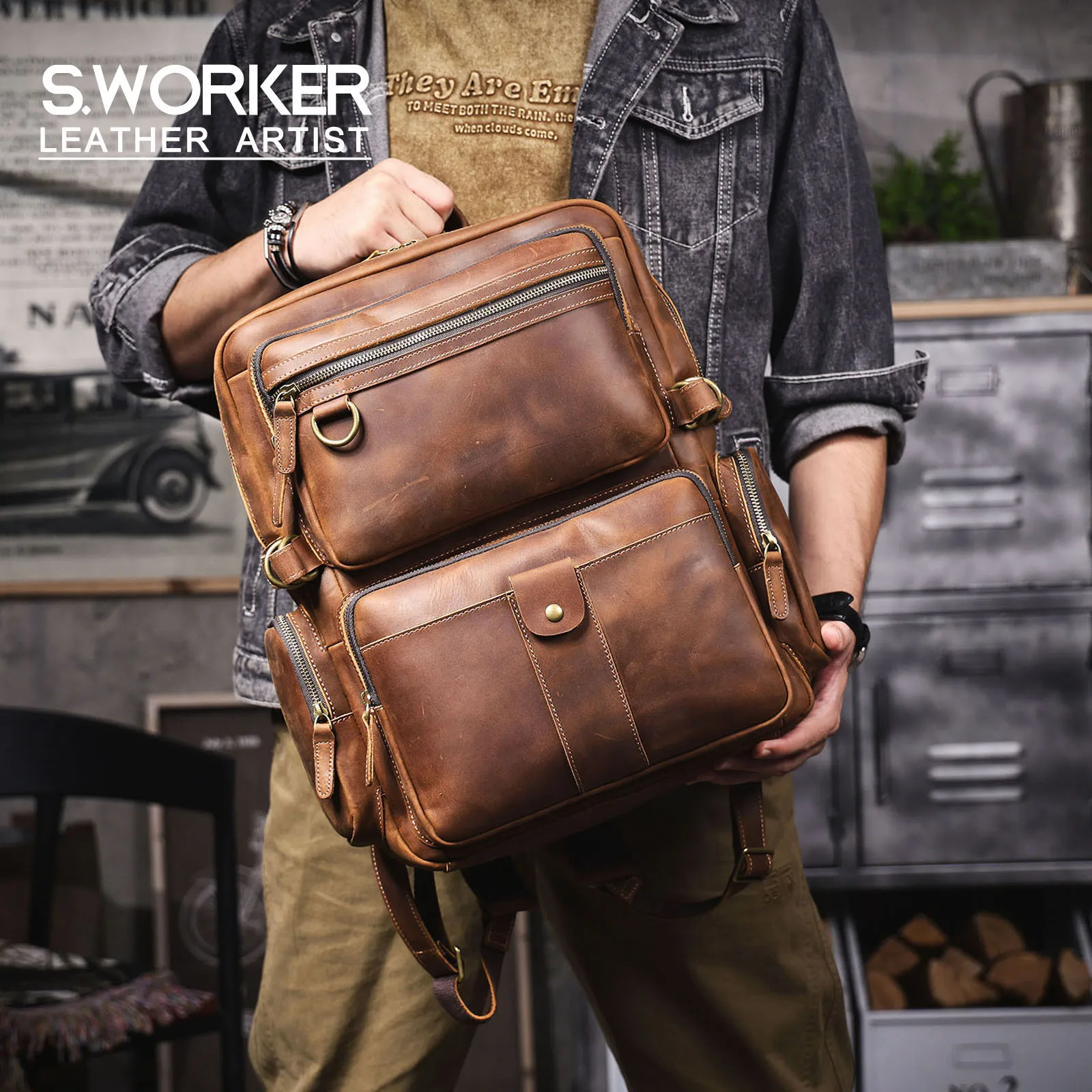 S.WORKER Vintage Echtleder-Rucksack Laptop-Tasche Casual Crazy-Horse-Leder Schultasche Outdoor-Reise-Weekender-Tasche – Detail 2