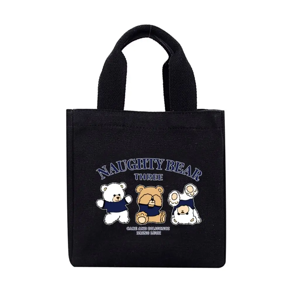 Cartoon Embroidery Lunch Bag Cute Bear Tote Bag Large Capacity Canvas Handbag Outdoor Food Storage Picnic Pouch