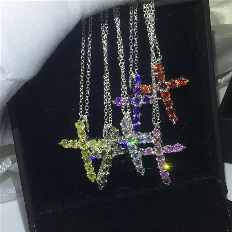 Lucky Female Cross Pendant AAAAA cz Stone Silver Color Party Wedding Pendant necalace for women Men Jewelry Gift