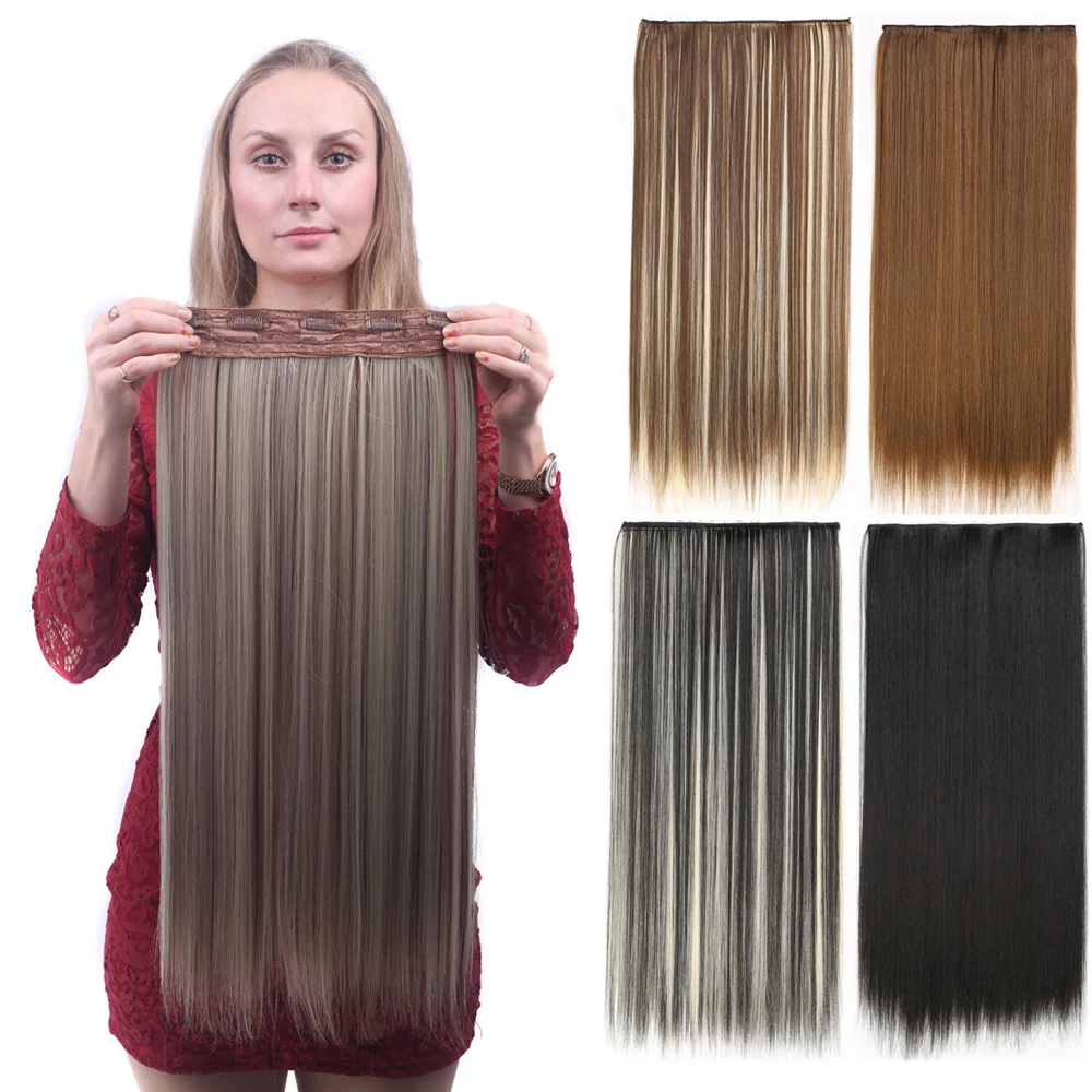 Long Straight Hair Clip In Hair Extension 5-Clips One Piece Natural Looking Synthetic Hairpiece for Women Ladies Daily Use