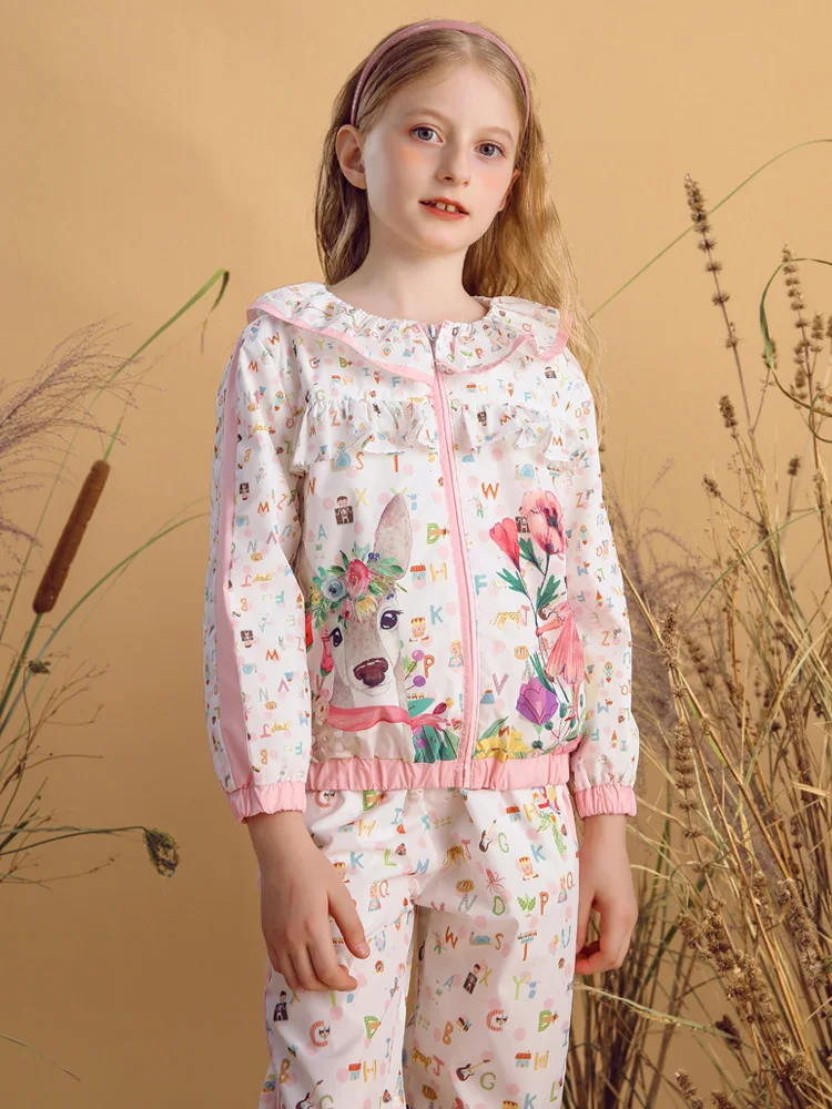 Cute Ruffled Long Sleeve Top and Printed Pant Set Girl Outfit