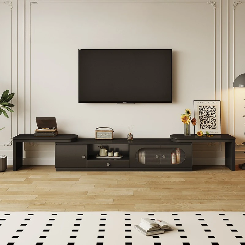 

TV cabinet Modern simple living room Household black locker Integrated solid wood telescopic TV cabinet