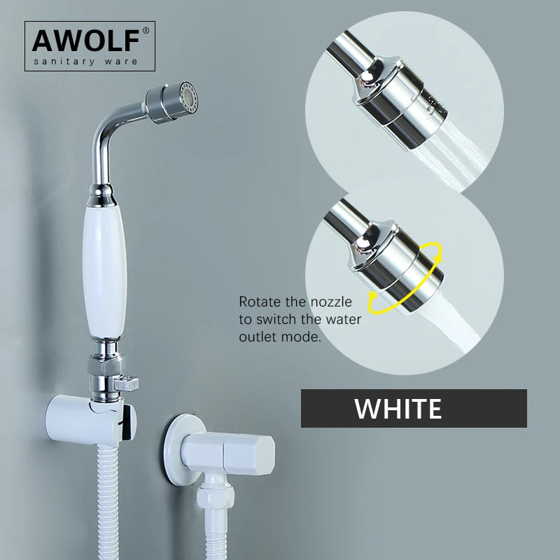 Awolf 2-Function Hygienic Shower Head White Handheld Toilet Bidet Sprayer Set Solid Brass Soft Water Anal Shower System AP2348