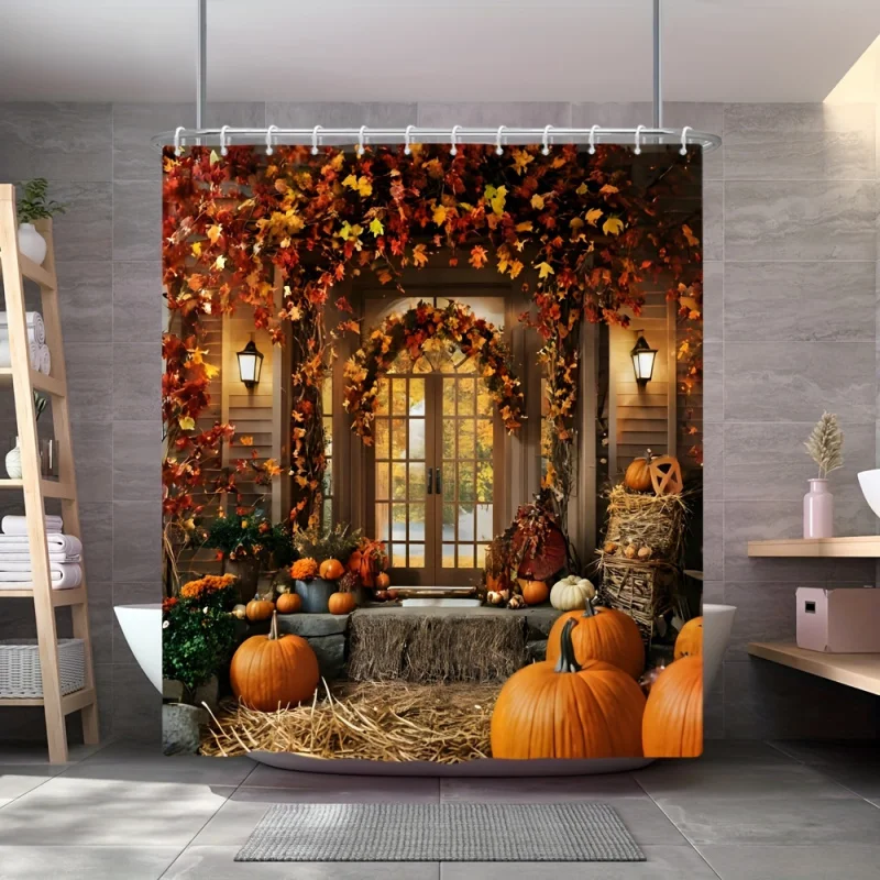 Autumn Harvest Festival Themed Shower Curtain with Farm Pumpkin & Red Maple Leaves, Rural Haystack & Sunflower Scenery, Woven Po