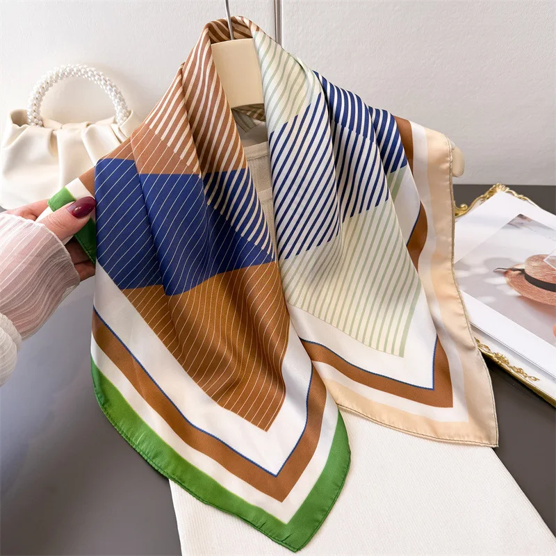 70*70cm Luxury stripe Print Square Silk Scarf For Women Elegant Ladies Hijab Neckerchief Shawl Soft Stain Woman Silk Scarves