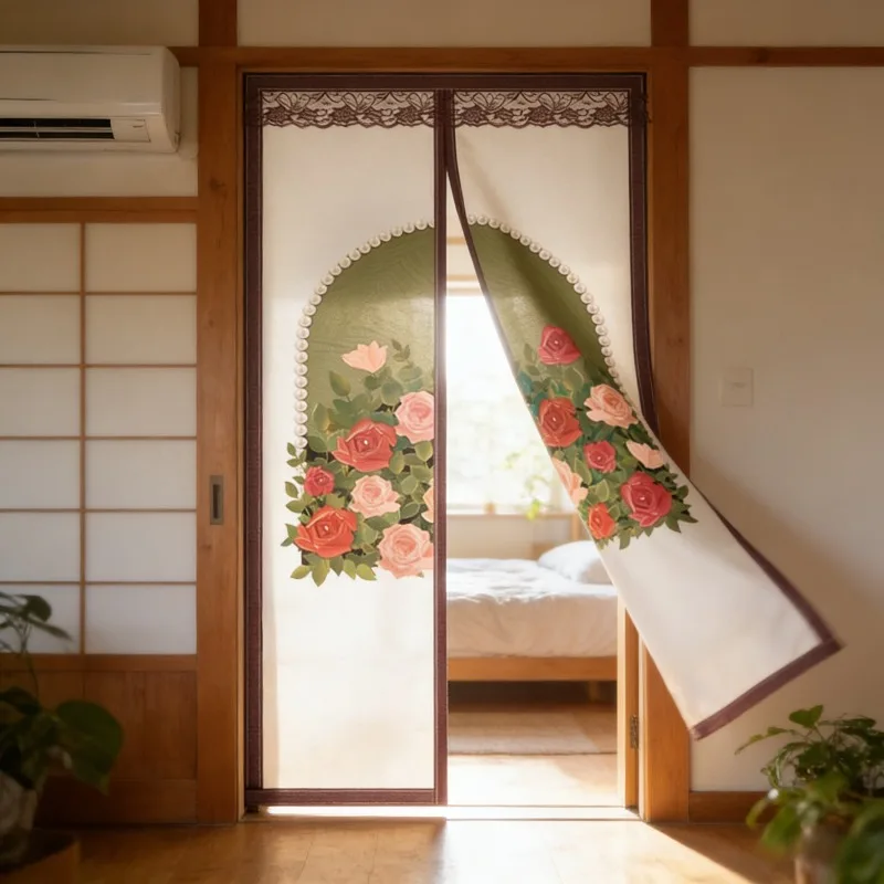 Pink Red Rose Floral Printed Magnetic Thermal Insulated Door Curtain Frosted Privacy Partition for Summer AC Room Winter Use