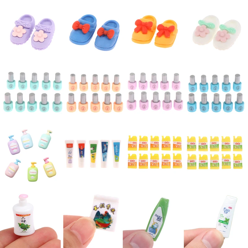 Dollhouse Miniatura Acessórios, Mini Shampoo, Creme Dental, Chinelos Dos Desenhos Animados, Esmalte para Boneca BJD, Móveis, 1:12, 10Pcs por Conjunto