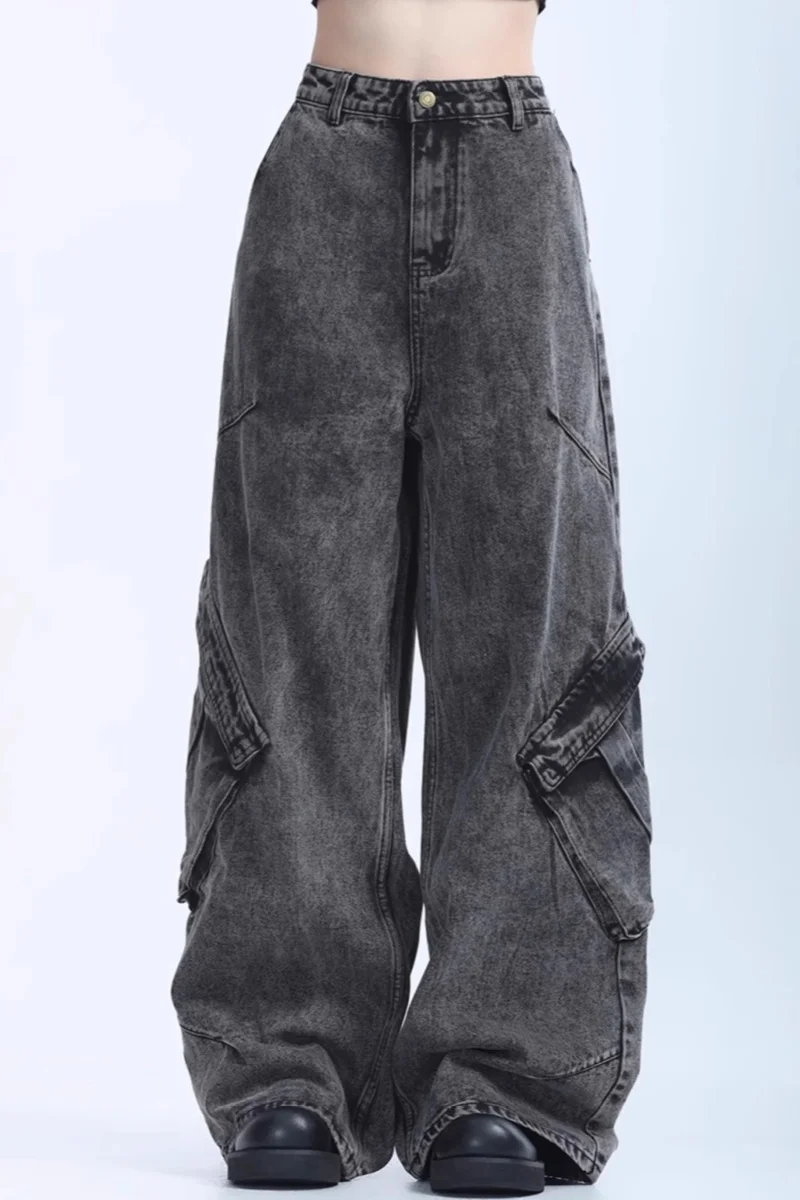 High Street men's jeans American deconstruction design work pants men's fashion multi pocket loose casual versatile jeans