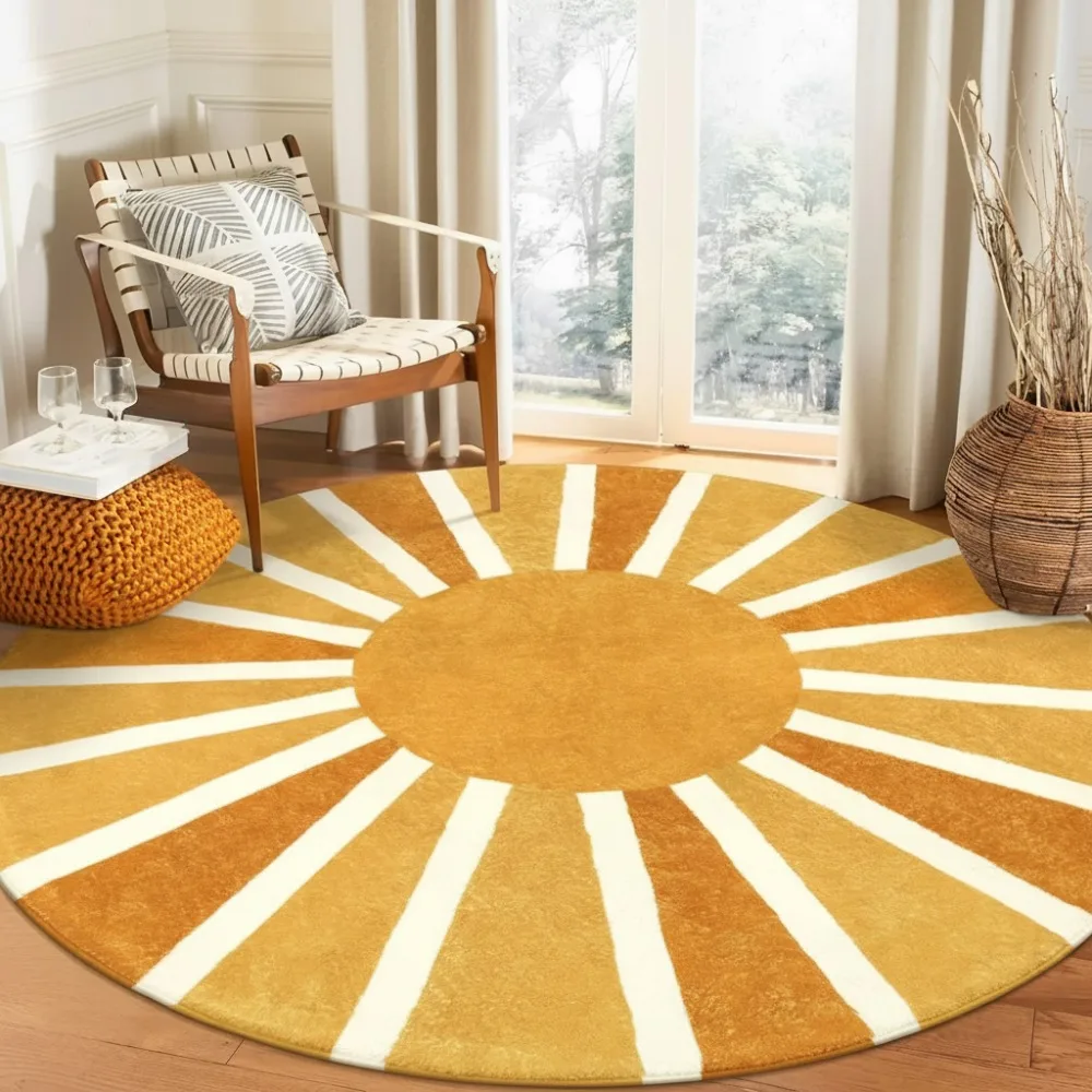 

4ft Washable Non-Slip Round Area Rug - Soft Rainbow Sun Print Boho Carpet for Kids Nursery Living Room