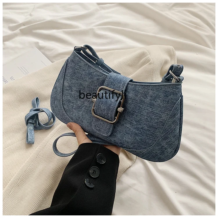 

Trendy Fashion Denim Dumpling Bag Women's New Simple Casual Underarm Bag High Sense Special-Interest Shoulder Bag