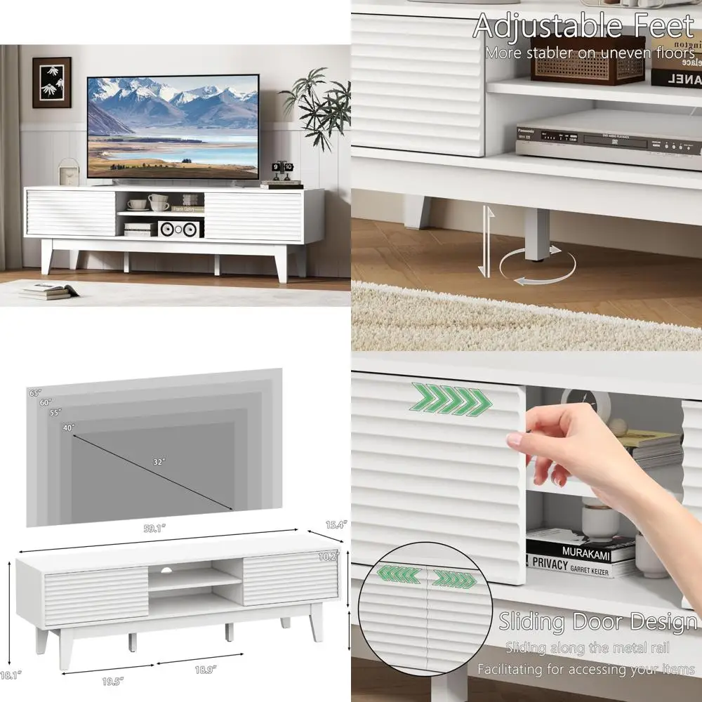 حامل تلفزيون حديث لمنتصف القرن لأجهزة التلفاز مقاس 55-65 بوصة، ومركز ترفيه بأبواب منزلقة، وأرفف، وخزائن، ووحدة تحكم الوسائط #1