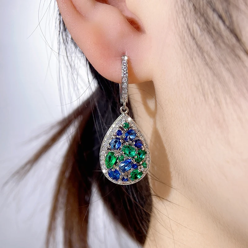 Huitan Vintage Women Drop Earrings with Blue/Green Cubic Zirconia Temperament Female Ear Accessory for Party Anniversary Jewelry