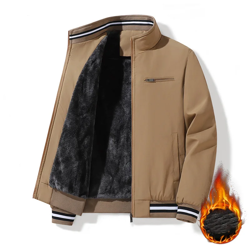 Man Plush Jacket Autumn Winter Thicken Cold-proof Long Sleeve Men Coat Striped Stand Collar Business Casual Male Outerwear