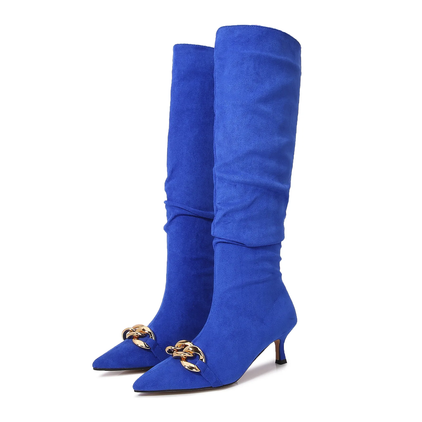 Botas aterciopeladas hasta la rodilla con cadenas de metal para mujer, botines largos de tacón alto con punta estrecha, moda de invierno, talla grande 43