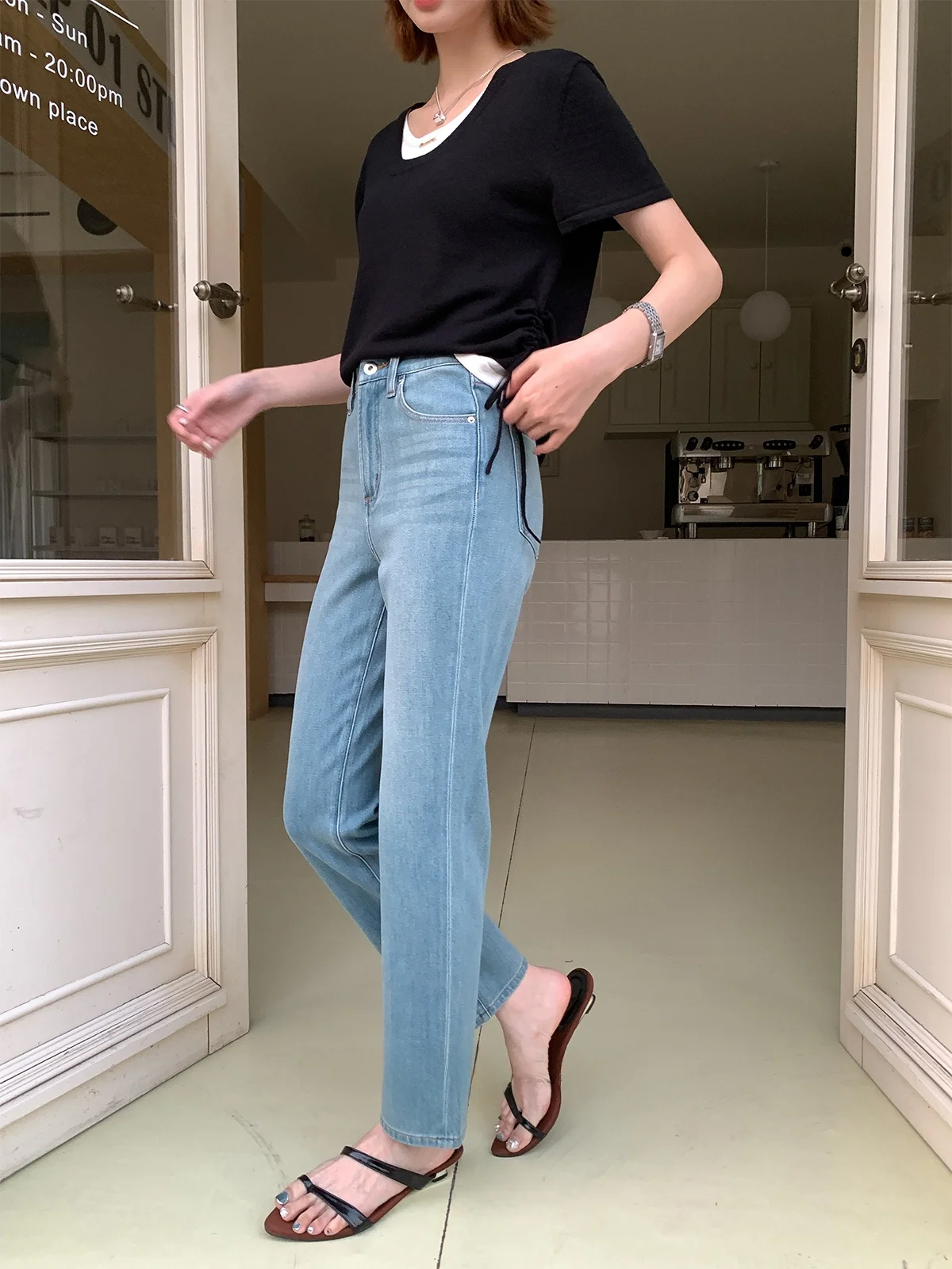 

Женские джинсы Capsule Puing из эластичной ткани стрейч в 4 направлениях, прямого кроя, длиной до щиколотки, из хлопкового эластичного денима, синие, летние