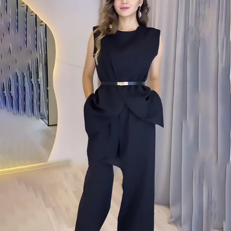 

2026 Women's New Solid Color Round Neck Trendy Casual Fashion Elegant Slim Slim Sleeveless Top High Waisted Wide Leg Pants Suit