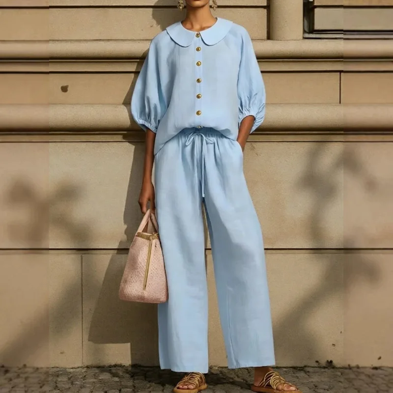 New African  Fashion Vintage Casual Women Two Piece Set Solid Color Lantern Sleeve Loose Shirt Top And Pants Set