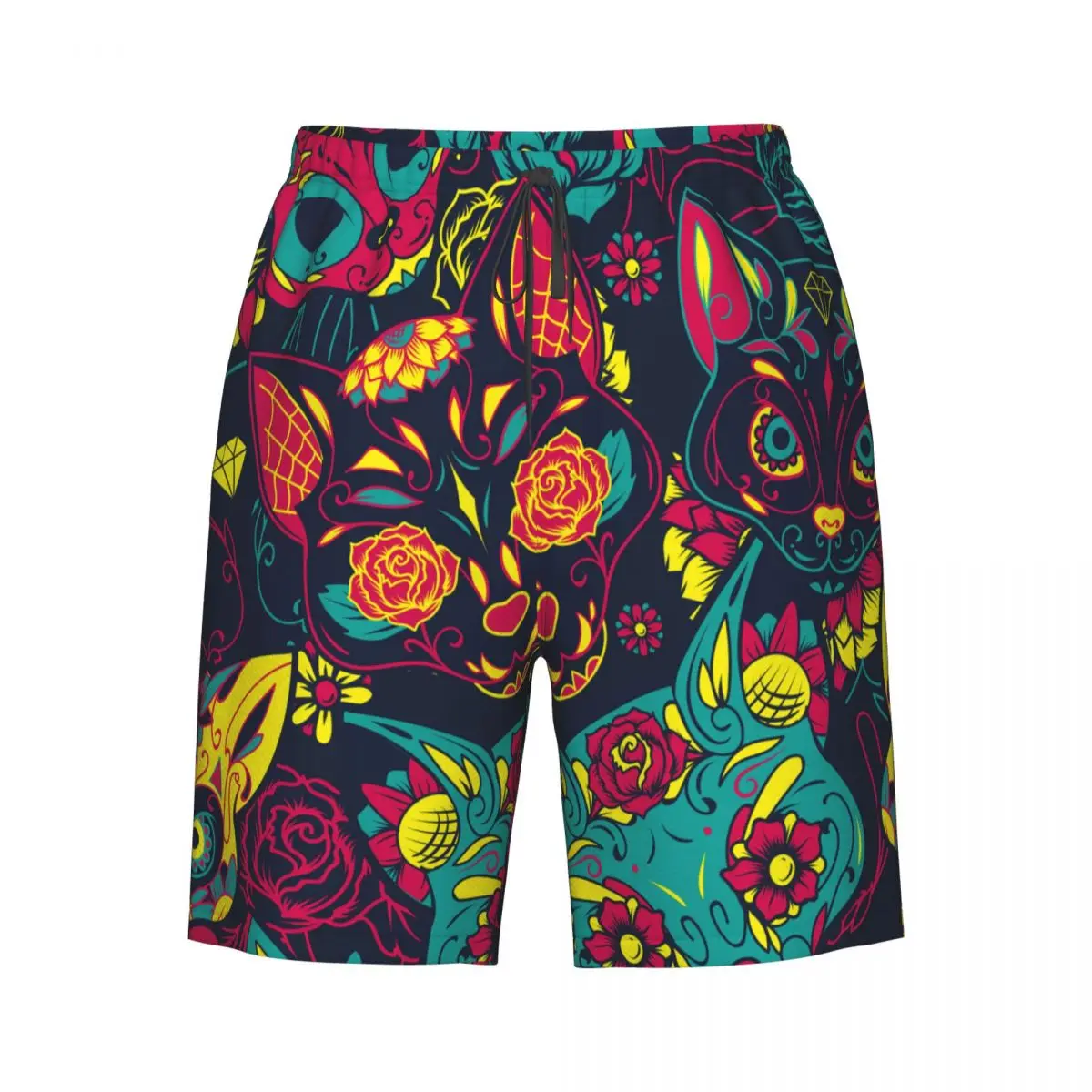 

Men's Swimming Shorts Day Of The Dead Sugar Cat Skull With Floral Trunks Beach Wear