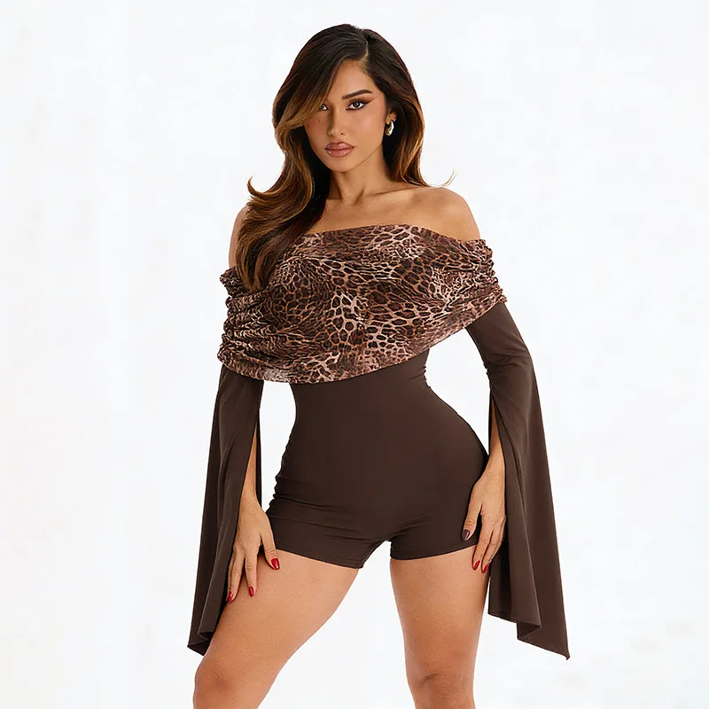 

New Fashionable Sexy Spicy Girl Style Leopard One Word Off Shoulder Collar Spliced Trumpet Sleeve Jumpsuit for Women 2026 Autumn