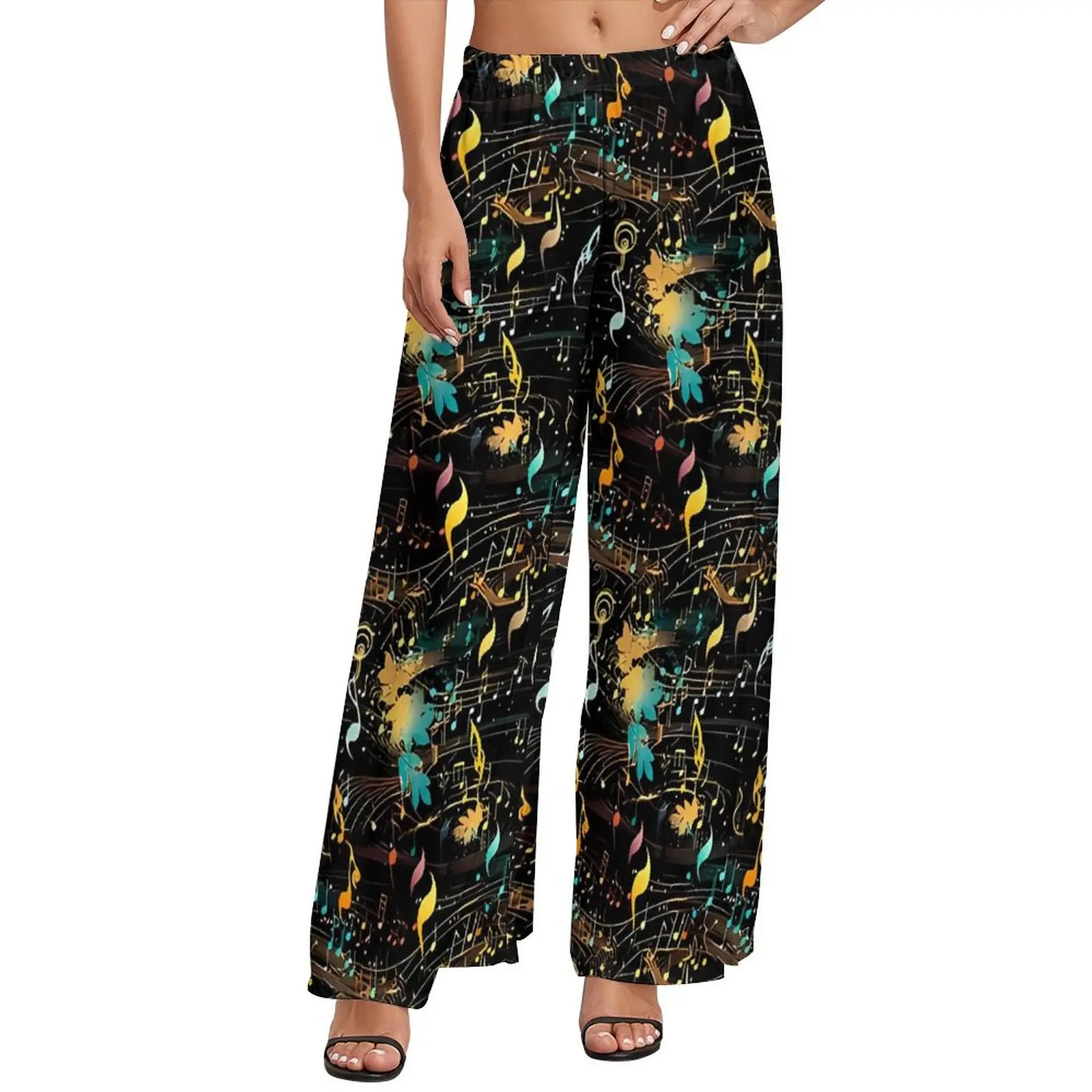 Abstract Music Note Pants Elastic High Waist  Kawaii Trousers Street Style Custom Wide Pants