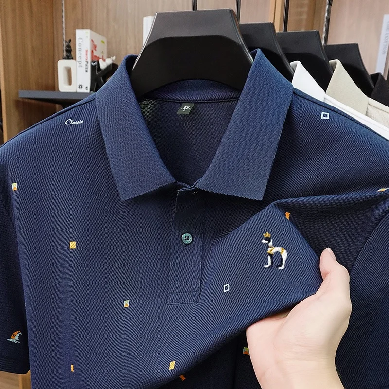 High Quality Men's Summer Short Sleeved Polo Shirt Lapel Jacquard Embroidered Silk Smooth T-Shirt Casual Fashionable Men's Top