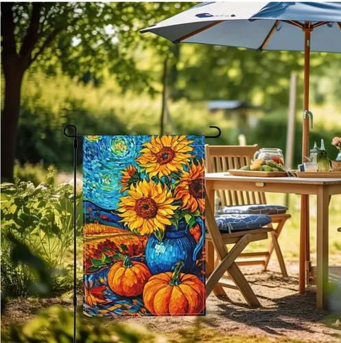 Van Gogh Starry Nights Sunflowers&Pumpkins Garden Flag-Stained Glass Look-12x18