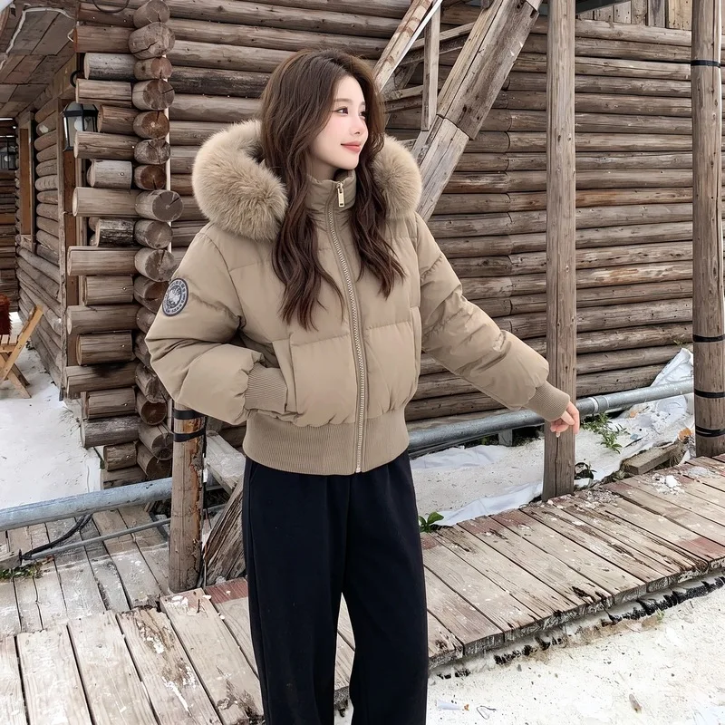 New Short Bomber Puffer Jacket Detachable Large Faux Fur Hood Ribbed Cuffs Hem Detail Side Pockets Loose Casual Winter Outercoat