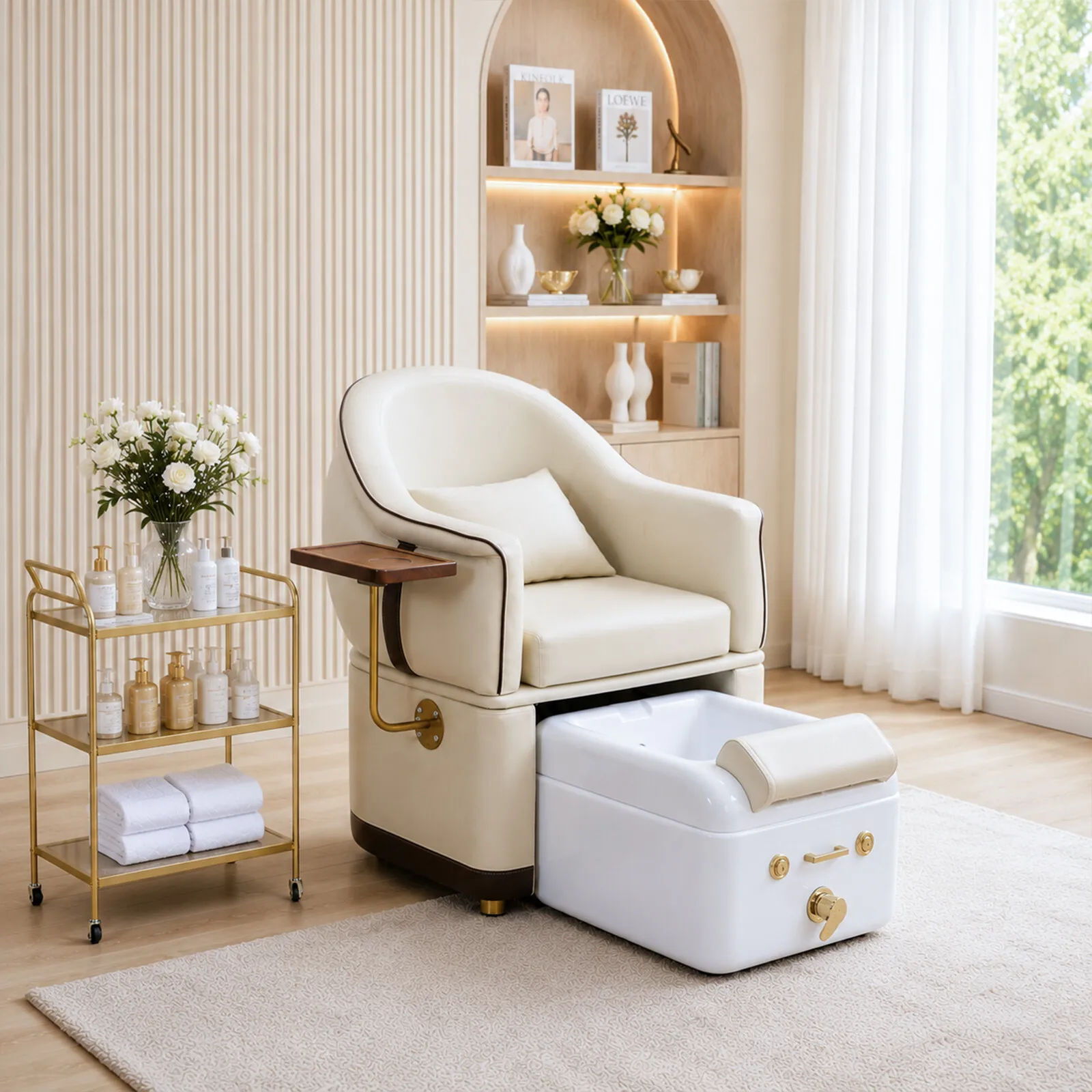 Pedicure Chair with Foot Spa Tub Manicure Station Wooden Side Table for Salon Beauty Shop