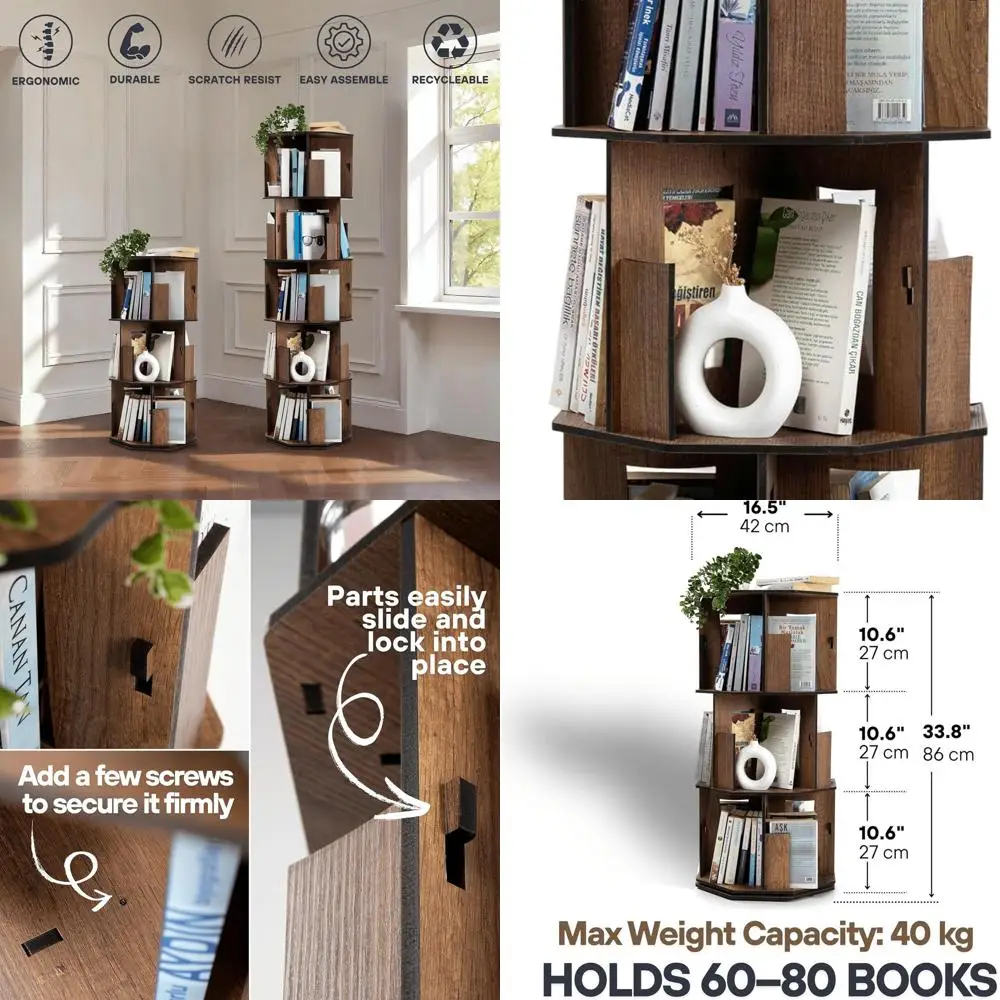 3 Tier Rotating Bookshelf Tower with Lazy Susan – Spinning Bookshelf Tower, Revolving Bookcase, Turning Book Shelf, Rotating Boo