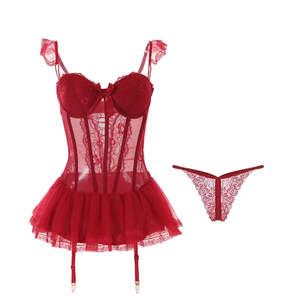 

Приталенная кружевная ночная рубашка с бантом, сетчатое прозрачное женское белье, ночная рубашка без рукавов, кружевная ночная рубашка на бретельках, женская ночная рубашка