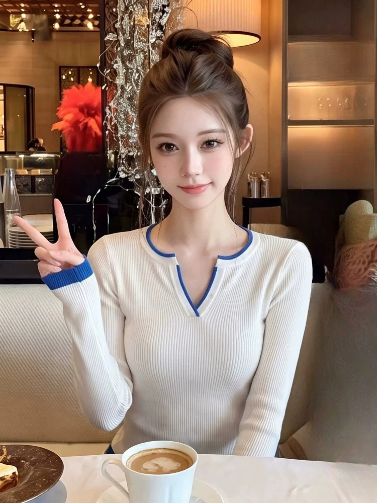 Korean V Neck Patchwork Jumper Autumn All Match Tunic Pullvers Women Sueter Mujer Long Sleeve Pull Femme Knitted Sweater Tops