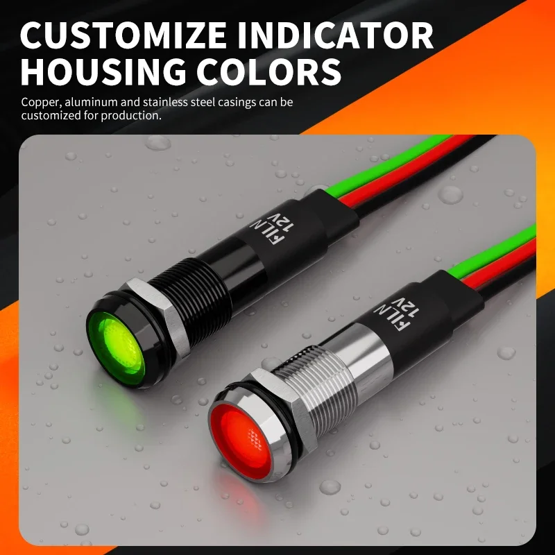 FILM 10mm Metalen Indicator Licht Signaallamp Pilot licht Met Draad Waterdicht IP67 12V 24V Rood/Geel/Blauw/Groen/Wit