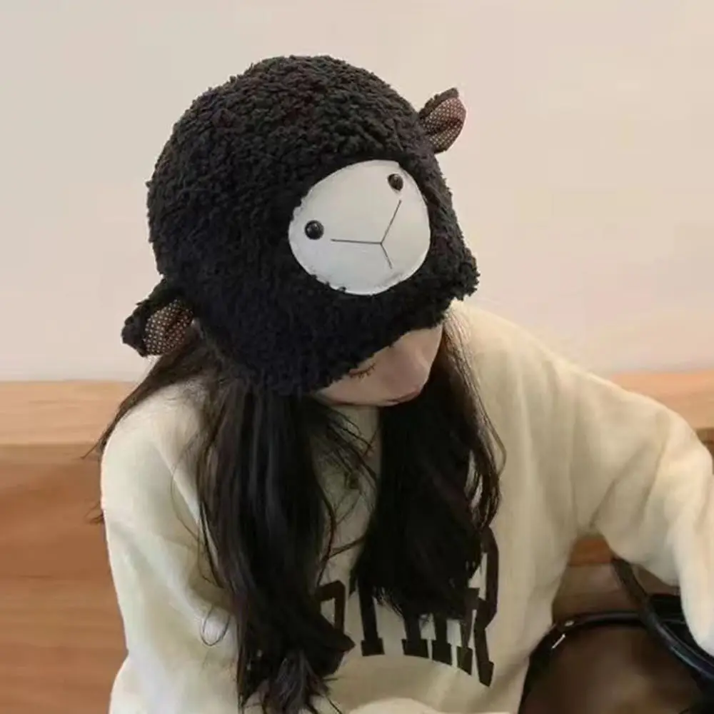 

Women Warm Hairy Sheep Ear Hats Outdoor Bear Ear Ball Faux Fur Winter Bucket Hat Plush Fisherman Caps