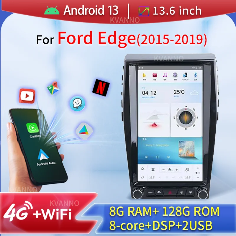 

13.6" 2 Din For Ford Edge 2015-2019 Touchscreen Wireless CarPlay Android 13 Car Stereo Audio Player MirrorLink BT GPS Navigation