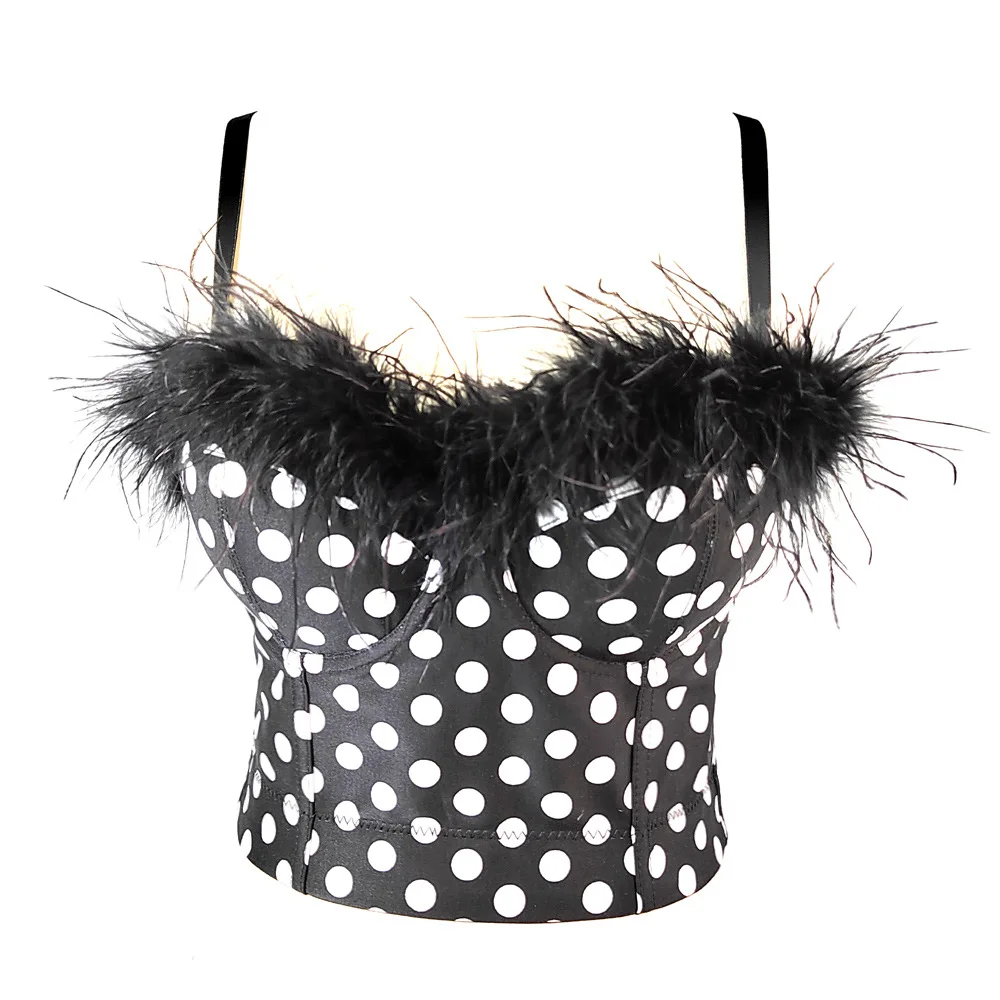 Contrast Patchwork Ostrich Feather Spaghetti Straps Outerwear Short Bare Back Tube Top Short Type Temperament Commute Polka Dot