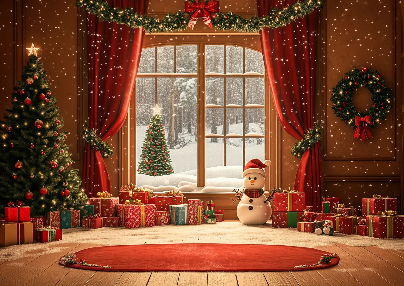 크리스마스 창 사진 배경 크리스마스 트리 벽난로 산타 클로스 베이비 파티 성인 가족 배경 장식 사진 스튜디오 소품
