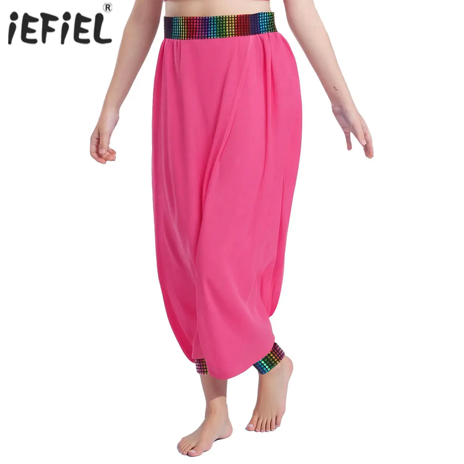 Kids Girls Jazz Dance Pants Small-check Metallic Chiffon Pants Dance Outfits for Party Belly Dance Cheer-leading Competition