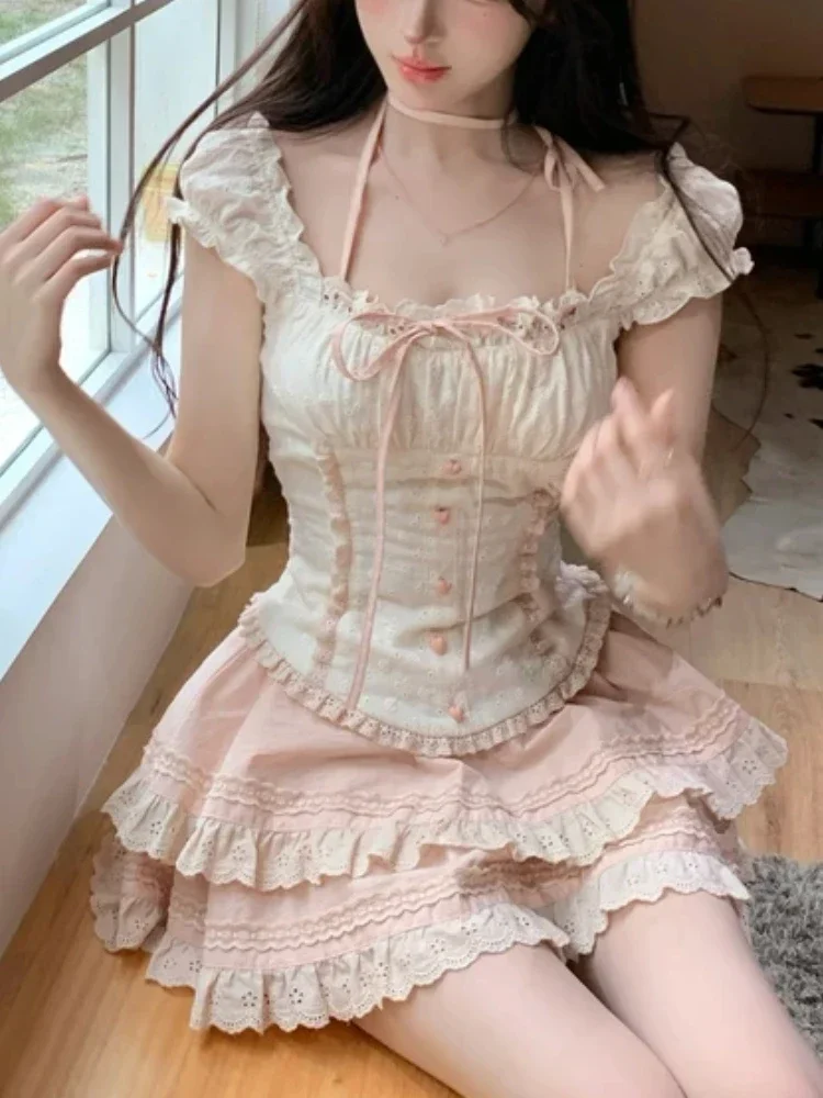 Japanese Kawaii Sweet New 2 Piece Set Women Patchwork Lolita Lace Up Vintage Set Female Y2k Princess Mini Skirt Suit Summer 2024