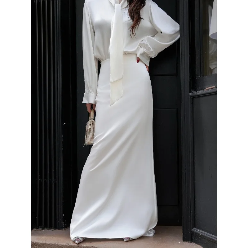 

Fashion Trend Goddess Heavyweight Satin Silk Feeling Floor Dragging White Fishtail Skirt Half Skirt Long Sleeved Ribbon Silk Top