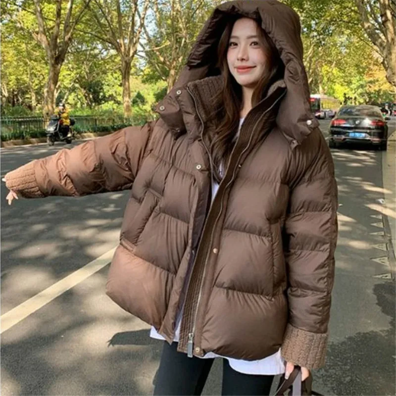 Jaket bantalan katun wanita, Luaran parka longgar Korea bertudung, Parker, hangat dingin musim dingin 2024