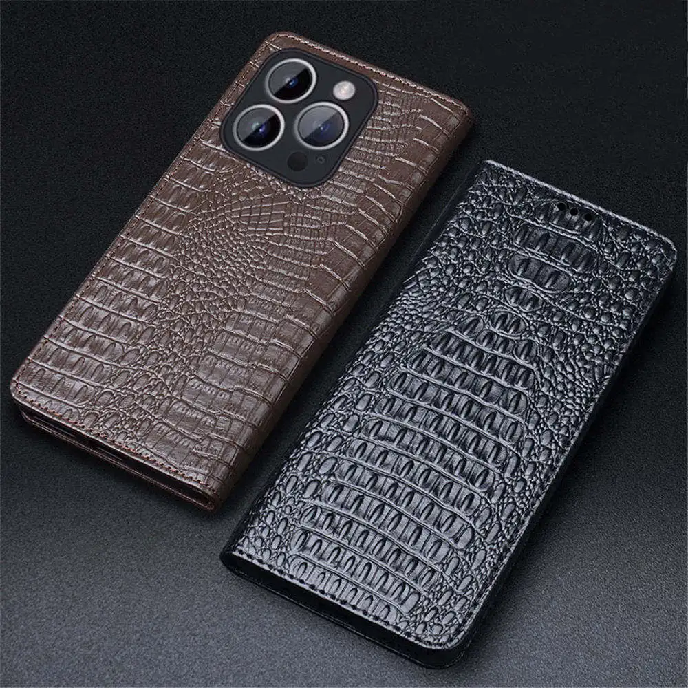 Genuine Cowhide Leather Magnetic Flip Case for iPhone 16 16 Pro 16 Pro Max Crocodile Holder Cover